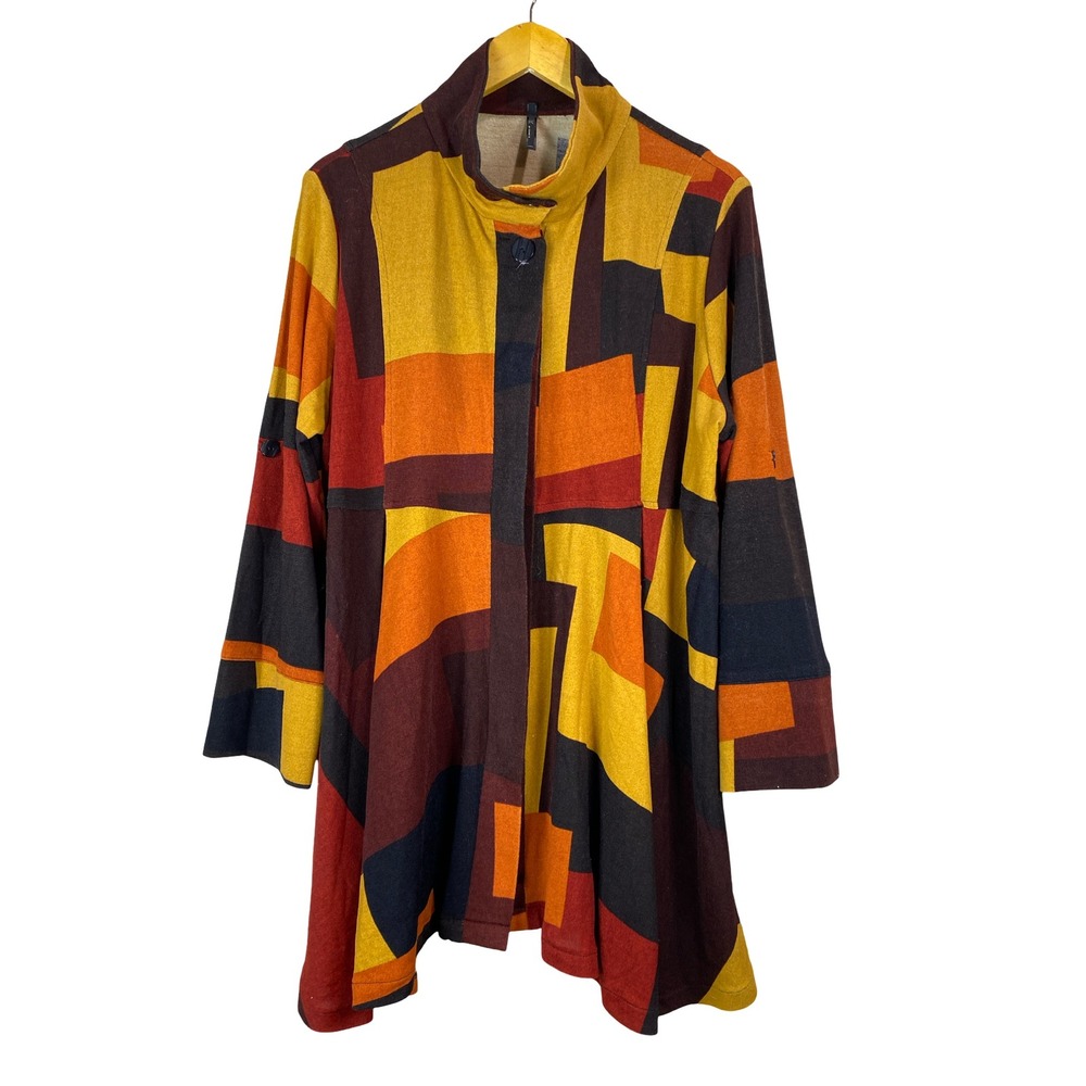 Connie K Patchwork Long Button Cardigan Jacket Size XL Funnel Neck Colorful Bold